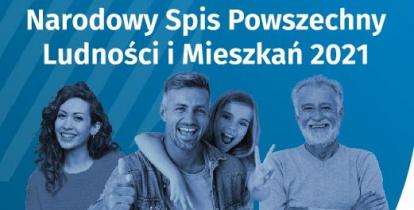 Plakat Narodowego Spisu Powszechnego - cztery osoby w różnym wieku, u góry napis z nazwą Narodowy Spis Powszechny Ludności i Mieszkań 2021