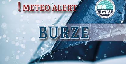 Na górze napis meteo alert oraz logo Instytutu Meteorologii i Gospodarki wodnej - niebieski okrąg z białymi literami IMGW, poniżej napis burze. W tle fragment granatowego parasola oraz krople deszczu.