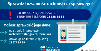 Na grafice jest napis: Sprawdź tożsamość rachmistrza spisowego! Rachmistrz będzie dzwonić z numeru telefonu 22 828 88 88. Możesz sprawdzić jego dane: na stronie internetowej rachmistrz.stat.gov.pl/formularz, dzwoniąc na infolinię spisową 22 279 99 99. Po prawej stronie grafiki widać obrazek identyfikatora. Na dole grafiki są cztery małe koła ze znakami dodawania, odejmowania, mnożenia i dzielenia, obok nich napis: Liczymy się dla Polski! W prawym dolnym rogu jest logotyp spisu: dwa nachodzące na siebie pion