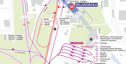 fragment mapy z liniami metra. Na górze biały napis na czerwonym tle: Metro Wilanowska rozmieszczenie przystanków miejskich od 4.05.2020 r. Na dole czerwony pasek a na nim biały napis z prawej www.wtp.waw.pl, z prawej strony 19115 