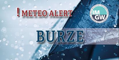 Na górze czerwony napis meteo alert poprzedzony wykrzyknikiem. Obok niego logo Instytutu Meteorologii i Gospodarki Wodnej - niebieski okrąg z białymi literami IMGW, poniżej niebieski napis burze. W tle fragment granatowego parasola oraz krople deszczu.