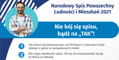 Plakat – grafika, informująca o tym, żeby nie bać się spisu i wziąć w nim udział. W lewym górnym rogu zdjęcie mężczyzny, pod nim lista numerowa – 10 punktów wyjaśniających dlaczego warto się spisać. Ich pełna treść dostępna jest w artykule. 