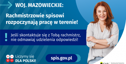   Grafika – niebieskie tło, w prawy rogu zdjęcia kobieta, po lewej stronie białe napisy informujące o rozpoczęciu prac rachmistrzów w terenie (pełna treść z grafiki została umieszczona w artykule).