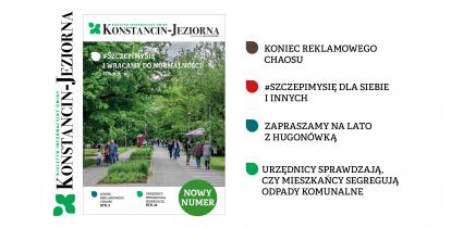 Grafika: w środku okładka nowego numeru Biuletynu Informacyjnego Gminy Konstancin-Jeziorna oraz kolorowe wypunktowania w kształcie kropli, obok tekst ułożony w pionie od góry: koniec reklamowego chaosu, #sczepimy się dla siebie i innych, zapraszamy na lato z Hugonówką, urzędnicy sprawdzają, czy mieszkańcy segregują odpady komunalne.