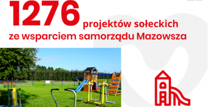 Grafika wektorowa utrzymana w biało-czerwonych kolorach. Na środku – tekst: „1276 projektów sołeckich ze wsparciem samorządu Mazowsza”, poniżej zdjęcie placu zabaw. Z lewej – znaczek ślizgawki dla dzieci. W prawym dolnym roku – tekst: „MIAS2021”.