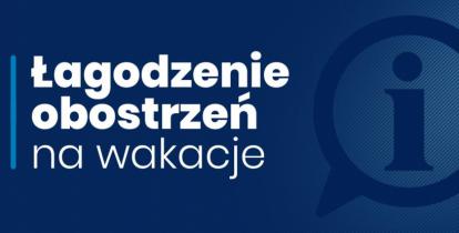 Grafika wektorowa – na niebieski tle biały napis – łagodzenie obostrzeń na wakacje. Obok niego obrys koła z literą i w środku. 