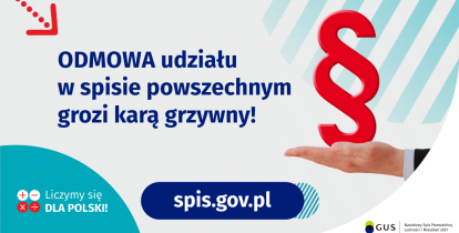 Na górze napis: Odmowa udziału w spisie powszechnym grozi karą grzywny! Obok widać dłoń skierowaną do góry i nad nią znak paragrafu. Na dole grafiki są cztery małe koła ze znakami dodawania, odejmowania, mnożenia i dzielenia, obok nich napis: Liczymy się dla Polski! Po środku jest adres strony internetowej: spis.gov.pl. 