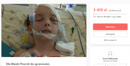 Zrzut ekranu ze strony internetowej Pomagam.pl, na którym jest zdjęcie dziewczynki w śpiączce z podłączoną aparaturą utrzymującą życie, pod którym jest tekst: Dla Blanki – Powrót do sprawności.