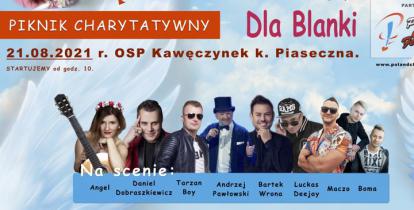 Plakat promujący piknik charytatywny. Zdjęcie uśmiechniętej dziewczynki, nad którą jest napis: Armia Aniołów dla Blanki. Na plakacie podane są także szczegółowe informacje o wydarzeniu, których treść znajduje się również w artykule. 