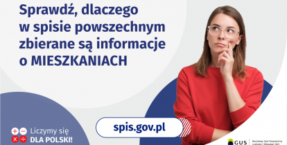 Na grafice jest napis: Sprawdź, dlaczego w spisie powszechnym zbierane są informacje o mieszkaniach. Po prawej stronie widać kobietę z zaciekawioną miną. Na dole grafiki są cztery małe koła ze znakami dodawania, odejmowania, mnożenia i dzielenia, obok nich napis: Liczymy się dla Polski! Pośrodku jest adres strony internetowej: spis.gov.pl. W prawym dolnym rogu jest logotyp spisu: dwa nachodzące na siebie pionowo koła, GUS, pionowa kreska, Narodowy Spis Powszechny Ludności i Mieszkań 2021.