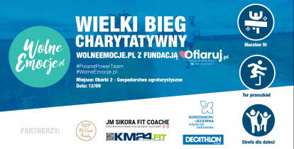 Grafika informująca o biegu. Niebie tło, na nim biały duży napis Wielki Bieg Charytatywny. Pod nim podane są szczegółowe informacje zamieszczone również w artykule. 