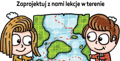 Grafika informująca o prowadzonej przez fundację rekrutacji. Na dole rysunek dwójki uczniów, którzy trzymają w rękach dużą mapę. Nad nimi napisy: poszukiwany pasjonat do projektu edukacyjnego „Edu mapa”, zaprojektuj z nami lekcje w terenie.
