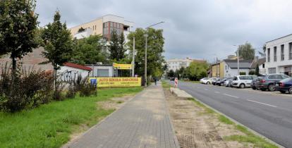 Miasto. Po lewej stronie rośną: zielona trawa, krzewy i drzewa, za nimi są budynki. Obok znajduje się chodnik, po prawej stronie jest ulica dwupasmowa, wzdłuż niej stoją zaparkowane samochody. W oddali są budynki. W tle pochmurne niebo.