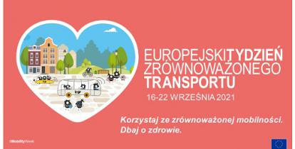 Grafika. Różowe tło, po lewej stronie serce w środku którego są narysowane domy, drzewa, autobus i czarne ptaki chodzące po ulicy. Obok serca jest duży napis Europejski Tydzień Zrównoważonego Transportu. 