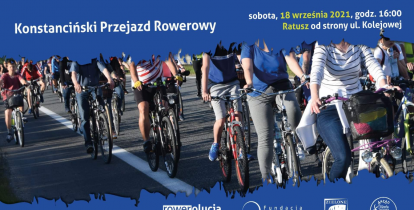 Grafika. Niebieskie tło, na środku zdjęcie rowerzystów jadących po ulicy. Nad nimi napis: Konstanciński Przejazd Rowerowy i szczegółowe dane, które powielone są w treści artykułu. 
