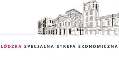 Grafika wektorowa. W górnym prawym rogu czarno-biała grafika budynku, pod którą jest napis: Łódzka (w kolorze czerwonym) Specjalna Strefa Ekonomiczna (w kolorze szarym).