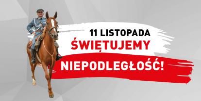 Grafika wektorowa. Na środku biało-czerwona flaga, a na niej napis: 11 listopada świętujemy niepodległość. Po lewej stronie mężczyzna ubrany w strój wojskowy siedzi na koniu.