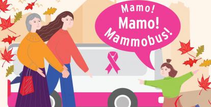 Grafika wektorowa dwie kobiety – starsza i młodsza – witają małą dziewczynkę, która mówi: „Mamo! Mamo! Mammobus!”.