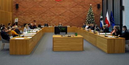Sala posiedzeń, przy stołach ustawionych w kształt litery U siedzą osoby, kobiety i mężczyźni.