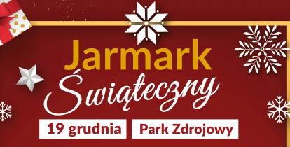 Grafika wektorowa. Na czerwonym tle napis: Jarmark Świąteczny, 19 grudnia, Park Zdrojowy.