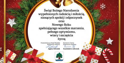 Grafika wektorowa w dzwonkami, prezentami i gałązkami jodły. W środku życzenia od władz gminy, ich treść podana jest w artykule.