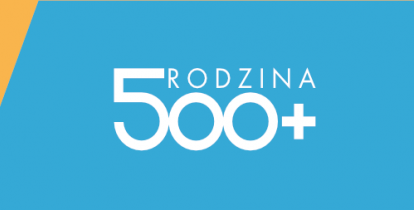 Grafika. Niebieski prostokąt, na nim biały napis 500+ rodzina. 