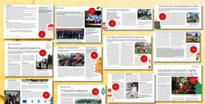 Grafika – żółte tło na nim umieszczone jest 15 kartek z różnymi artykułami z gazety. 
