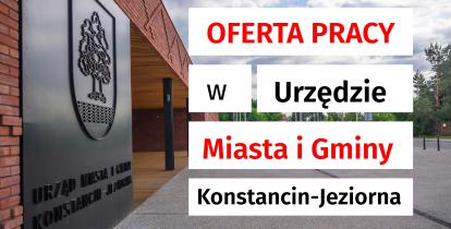 Grafika. Po lewej stronie widać ścianę budynku z czerwonej cegły. Obok niego na biały tle napis: oferta pracy w Urzędzie Miasta i Gminy Konstancin-Jeziorna.