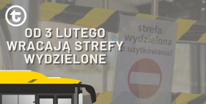 Grafika wektorowa. Po lewej stronie żółto-czerwony autobus. Obok niego napisy: „od 3 lutego wracają strefy wydzielone” oraz „Pierwsze drzwi będą dla prowadzących”. 