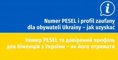 Flaga Ukrainy (dwa poziome pasy: niebieski i żółty). Na niej tekst: Numer PESEL i profil zaufany dla obywateli Ukrainy – jak uzyskać oraz ten sam tekst w języku ukraińskim: Номер PESEL та довірений профіль  для біженців з України – як його отримати. 