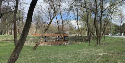 Widok Parku Zdrojowego, trawnik, drzewa, w tle rzeka i most