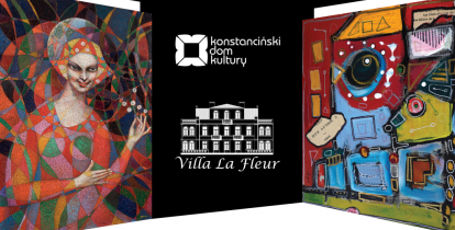Dwa plakaty po dwóch stronach, jeden dotyczący wystawy w Hugonówce, drugi w Muzeum Villa la Fleur. Po środku logo KDK Hugonówka.