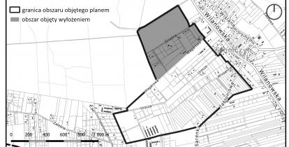 Fragment mapy miejscowości Słomczyn. Czarną grubą linią, w kształcie wieloboku, zaznaczono granice obszaru objętego miejscowym planem zagospodarowania przestrzennego.