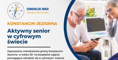 Grafika wektorowa. Plakat promując projekt: Aktywny senior w cyfrowym świecie. Treść z plakatu zawarta jest w artykule.  