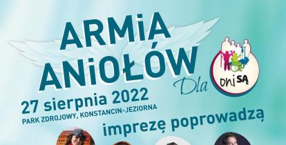   Plakat promujący piknik charytatywny. Niebieskie tło, na nim kilkanaście okręgów ze zdjęciami występujących na wydarzeniu gości. 