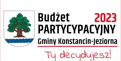 Grafika wektorowa. Z lewej strony herb gminy Konstancin-Jeziorna. Z prawej strony napis: Budżet Partycypacyjny Gminy Konstancin-Jeziorna 2023, Ty decydujesz!