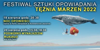 Grafika. Wielka ryba leci na niebie, pod jej brzuchem podczepiony jest rower, którym pedałuje mała dziewczynka. Na bagażniku roweru znajduje się duże czerwone jabłko. 