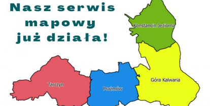 Grafika wektorowa. Kolorowe kontury gmin Konstancin-Jeziorna, Góra Kalwaria, Prażmów i Tarczyn oraz tekst: Stwórz z nami serwis mapowy. Poniżej w poziomym rzędzie logo: Unii Europejskiej, Leader, Bialskopodlaskiej Lokalnej Grupy Działania BLGD, LGD Perły Mazowsza, LGD Ziemi Siedleckiej i Programu Rozwoju Obszarów Wiejskich na lata 2014–2020.    