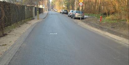 Ulica asfaltowa, po prawej stronie widoczne są zaparkowane na poboczu samochody. 