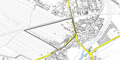 Fragment mapy. Czarną grubą linią, o nieregularnym kształcie, zaznaczono granice obszaru objętego miejscowym planem zagospodarowania przestrzennego.