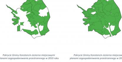 Mapka gminy Konstancin-Jeziorna z zaznaczonymi na zielono miejscami zagospodarowania przestrzennego.