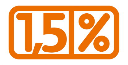 Baner promujący przekazywanie 1 procenta podatku - na pomarańczowym tle biały znak 1,5% w białych ramkach oraz ikony wyrażające różne działania organizacji pożytku publicznego, w tym ochrona przyrody, pomoc osobom z niepełnosprawnościami