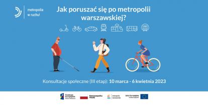 Plakat informujący o konsultacjach społecznych Planu Zrównoważonej Mobilności Miejskiej dla metropolii warszawskiej, treść z plakatu zamieszczona jest w artykule.