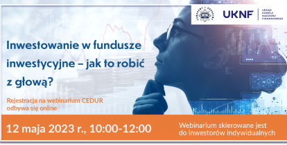 Grafika wektorowa. Plakat promujący webinarium: Inwestowanie w fundusze inwestycyjne – jak to robić z głową? 