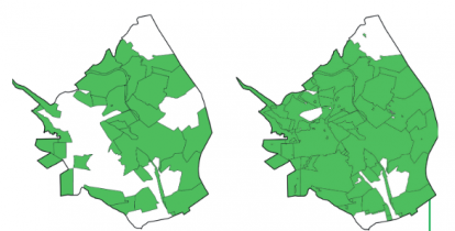 Mapka gminy Konstancin-Jeziorna z zaznaczonymi na zielono miejscami zagospodarowania przestrzennego.