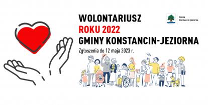 Grafika wektorowa. Serce na dłoni i napis: Wolontariusz Roku 2022 Gminy Konstancin-Jeziorna.