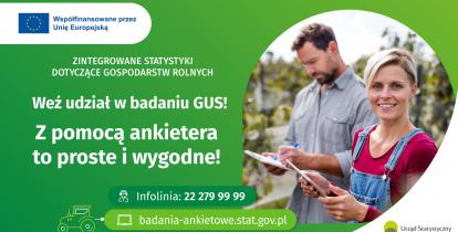 Grafika wekorowa. Plakat promujacy badania statystyczne rolnictwa.