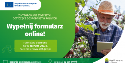 Grafika wektorowa. Plakat promujący badania GUS wśród gospodarstw rolnych.