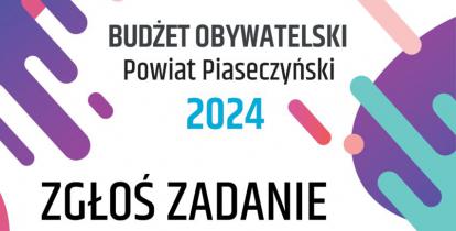 Grafika wektorowa utrzymana w różowo-fioletowych barwach. Na środku tekst: Budżet Obywatelski Powiatu Piaseczyńskiego 2024