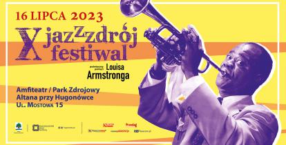 Plakat festiwalu jazzowego z grafiką Luisa Armstronga grającego na trąbce. 